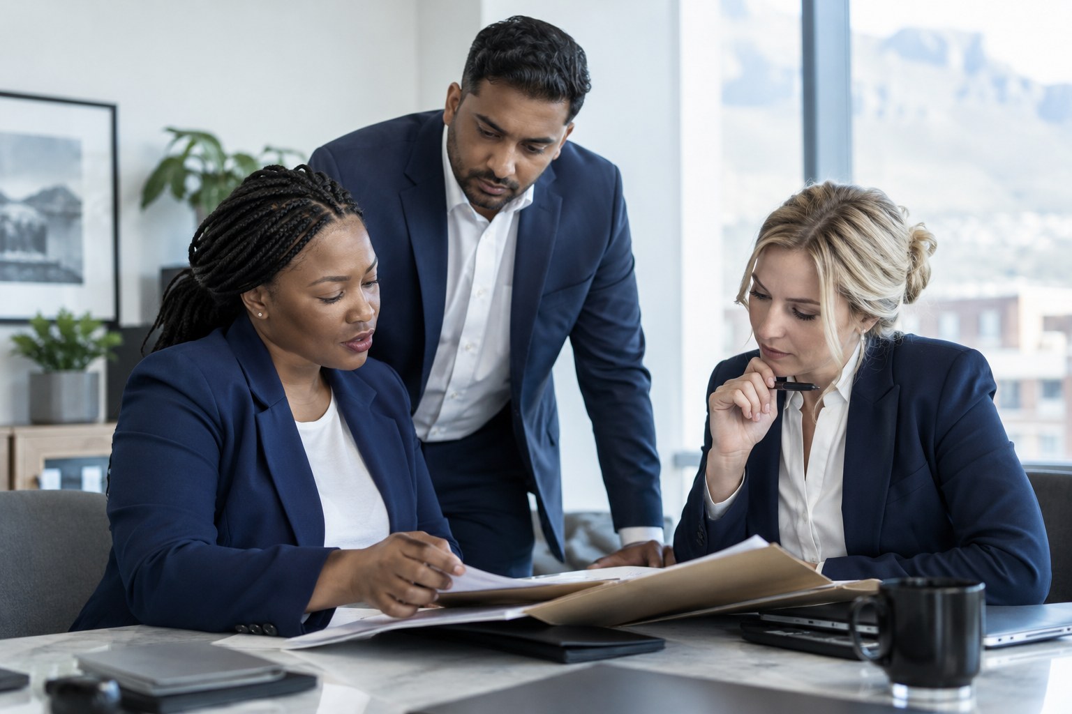 Illustrative South African professionals carefully reviewing a case